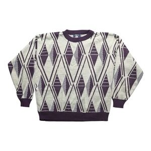 VTG Aspetuck Trading Co‎ Aztec Knit Crew Sweater Maroon Tan Long Sleeve Men's L